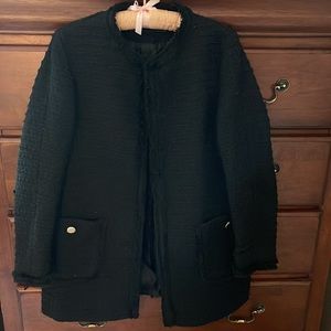 Zara Basic Collection tweed fringe open front blazer.